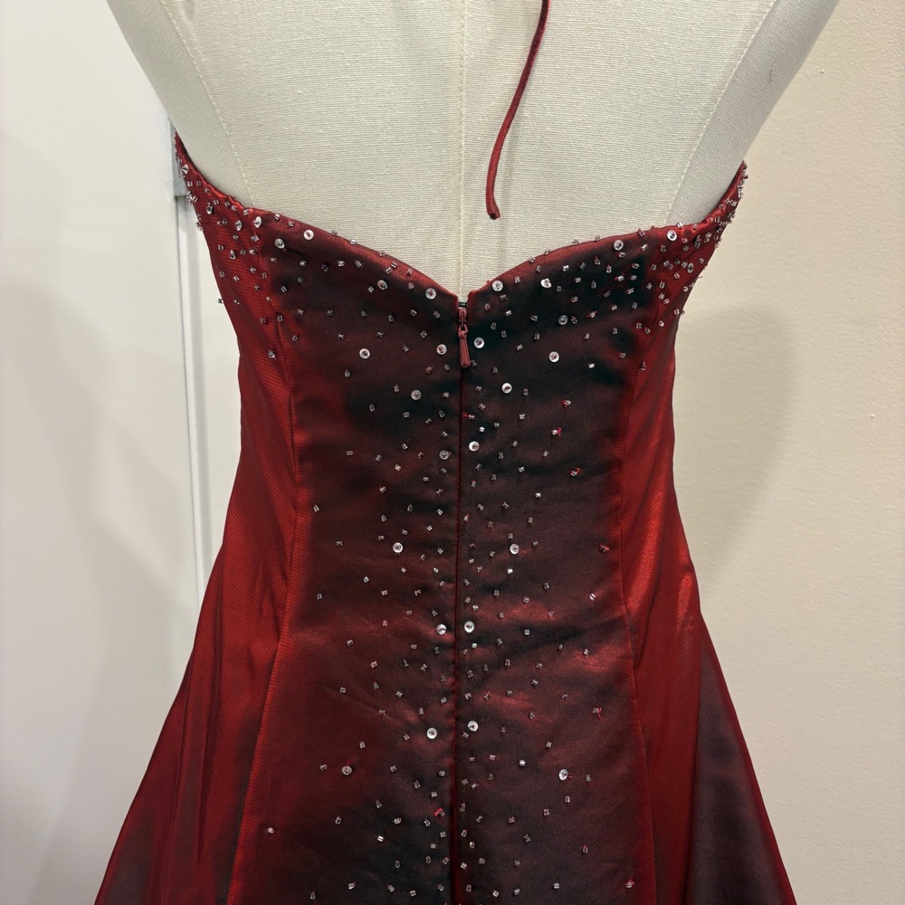 Y2K Zum Zum by Niki Livas Red Iridescent Beaded Halter Prom Ball Gown Goth Small - Picture 8 of 12